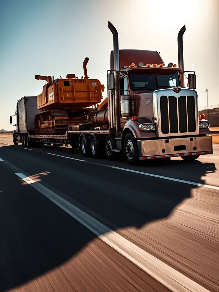 A heavy-haul truck transporting a large piece of construction equipment, such as a bulldozer, on a specialized trailer, emphasizing DAY NIGHT EXPRESS LLC's heavy haul expertise.