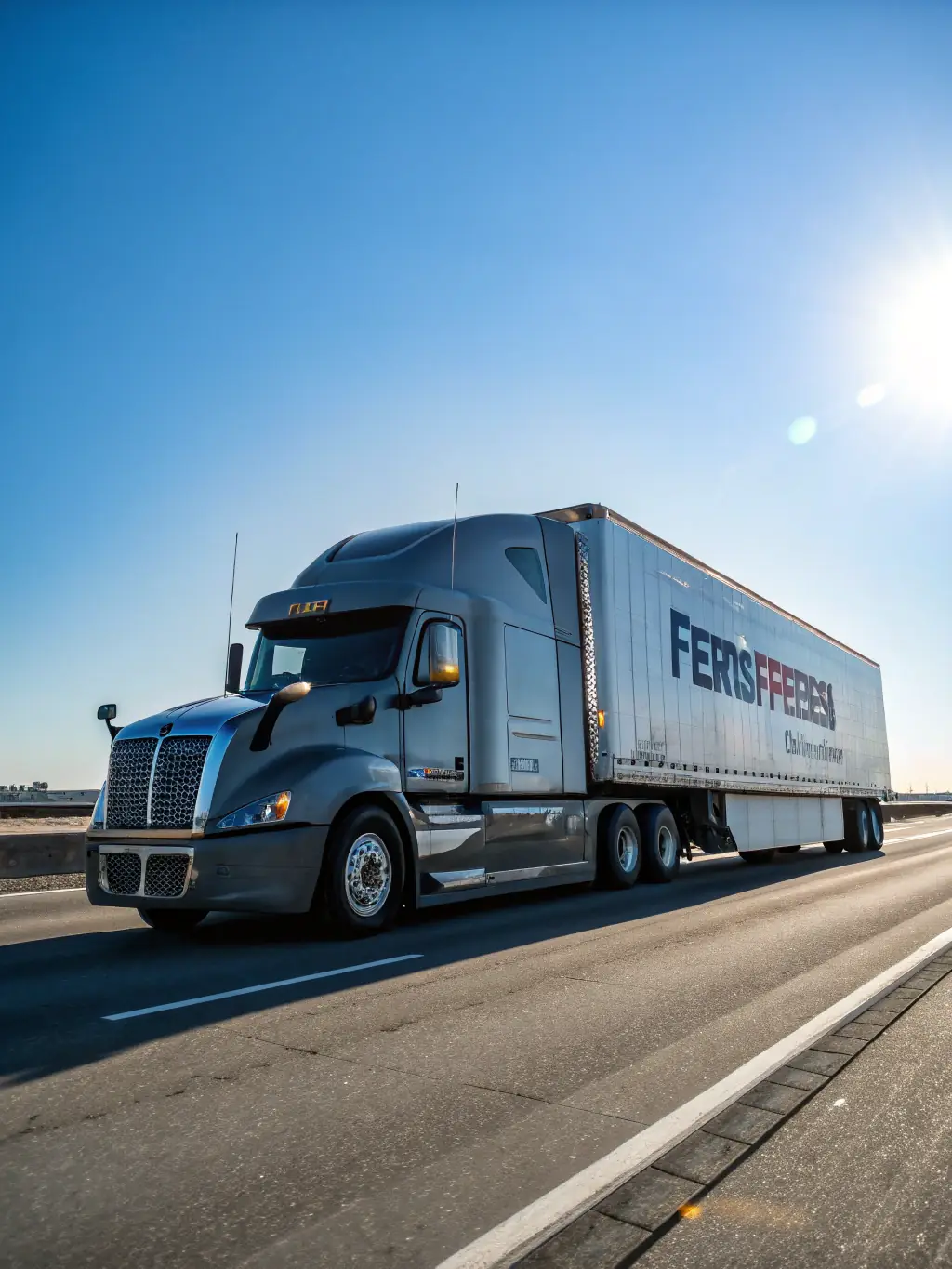 A modern semi-truck with DAY NIGHT EXPRESS LLC logo on the side, hauling a standard enclosed van trailer on a sunny highway, showcasing the company's van trucking capabilities.