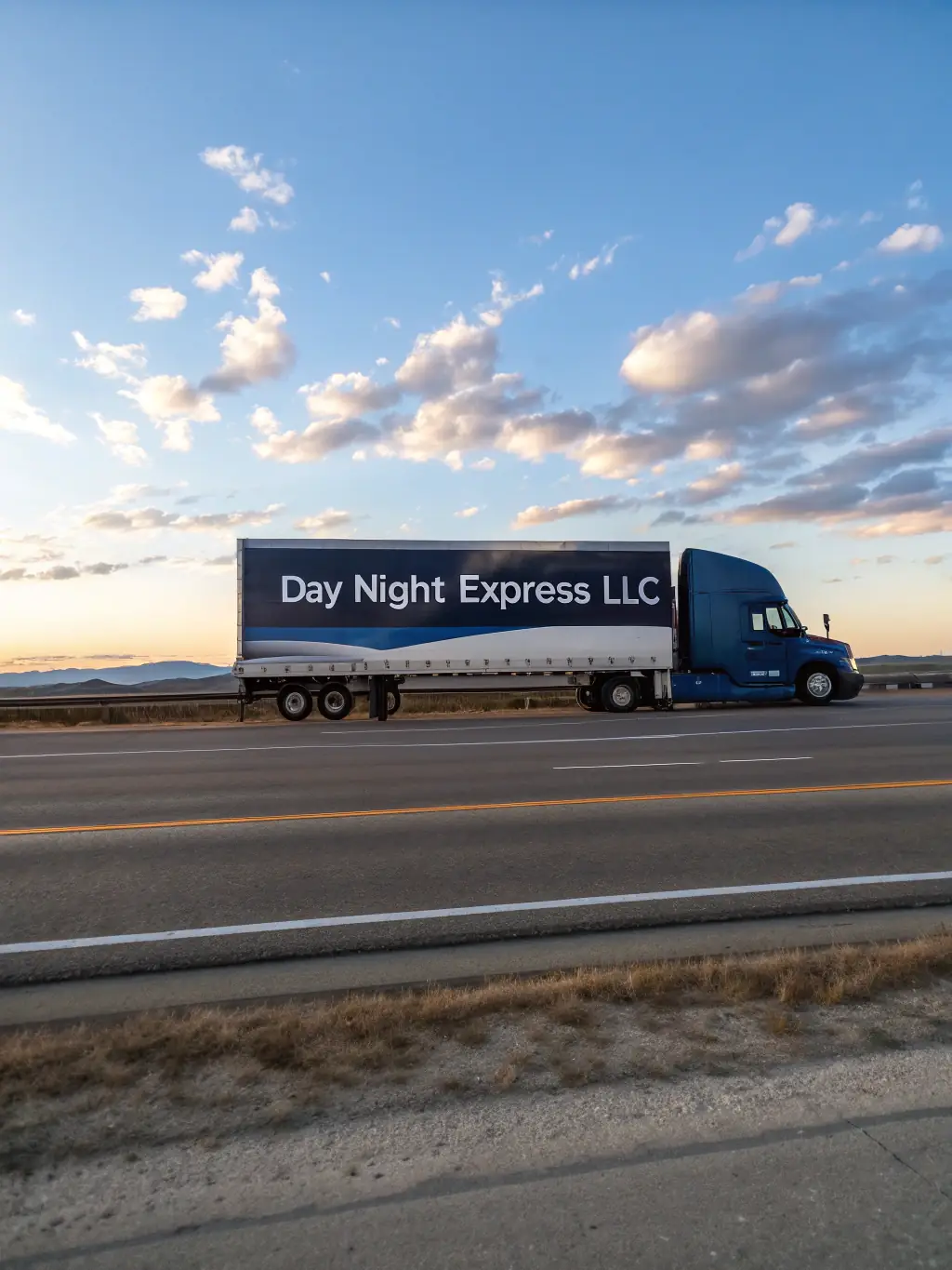 A convoy of DAY NIGHT EXPRESS LLC trucks, including vans, flatbeds, and heavy haul vehicles, driving in formation, symbolizing the company's comprehensive trucking solutions.