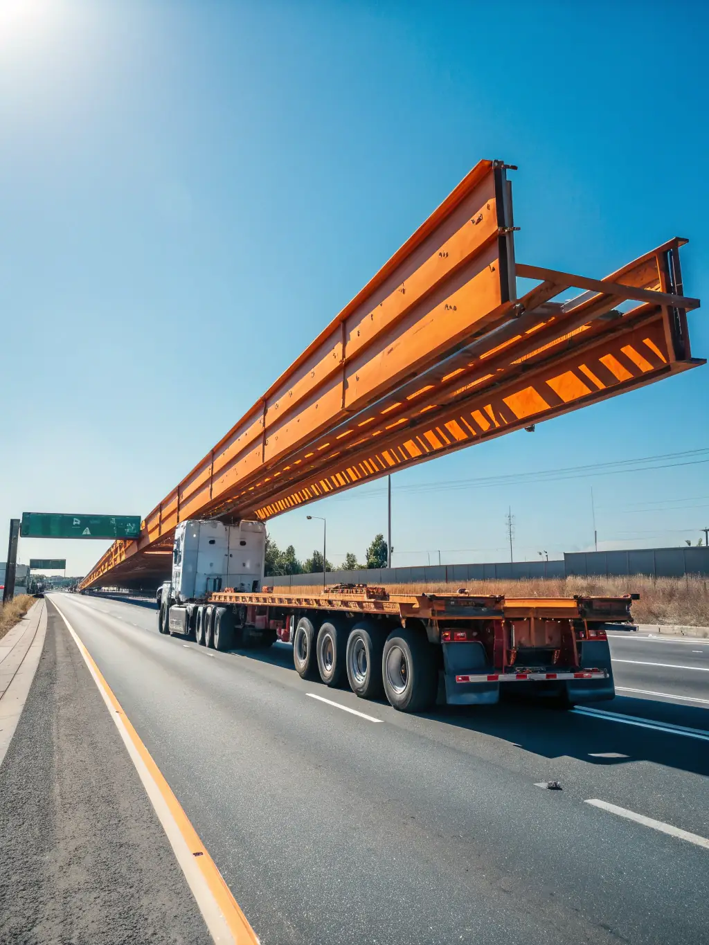 A flatbed truck loaded with steel beams, secured with chains and straps, driving on a rural road, representing DAY NIGHT EXPRESS LLC's flatbed service.